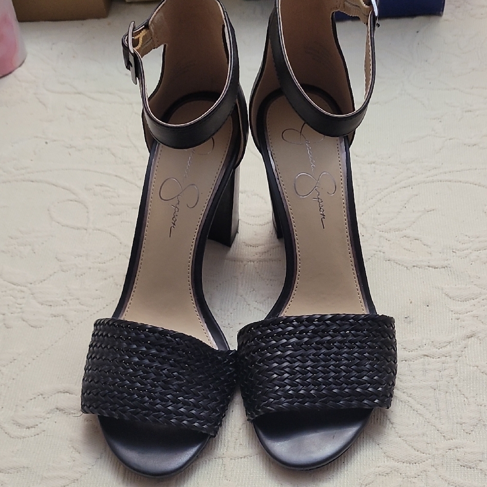 Jessica Simpson Black Woven Ankle-Strap Block Heels